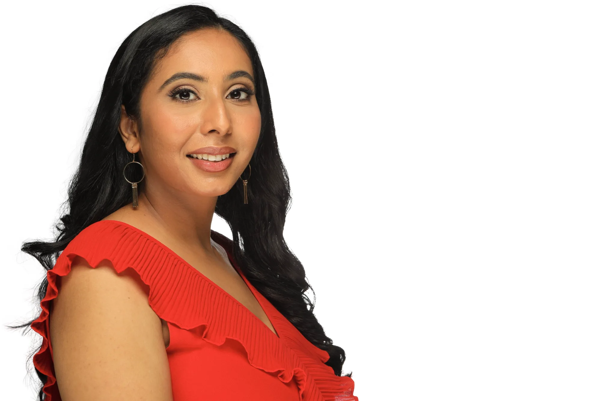 Corporate headshot of a woman in red on a white background, Sydney